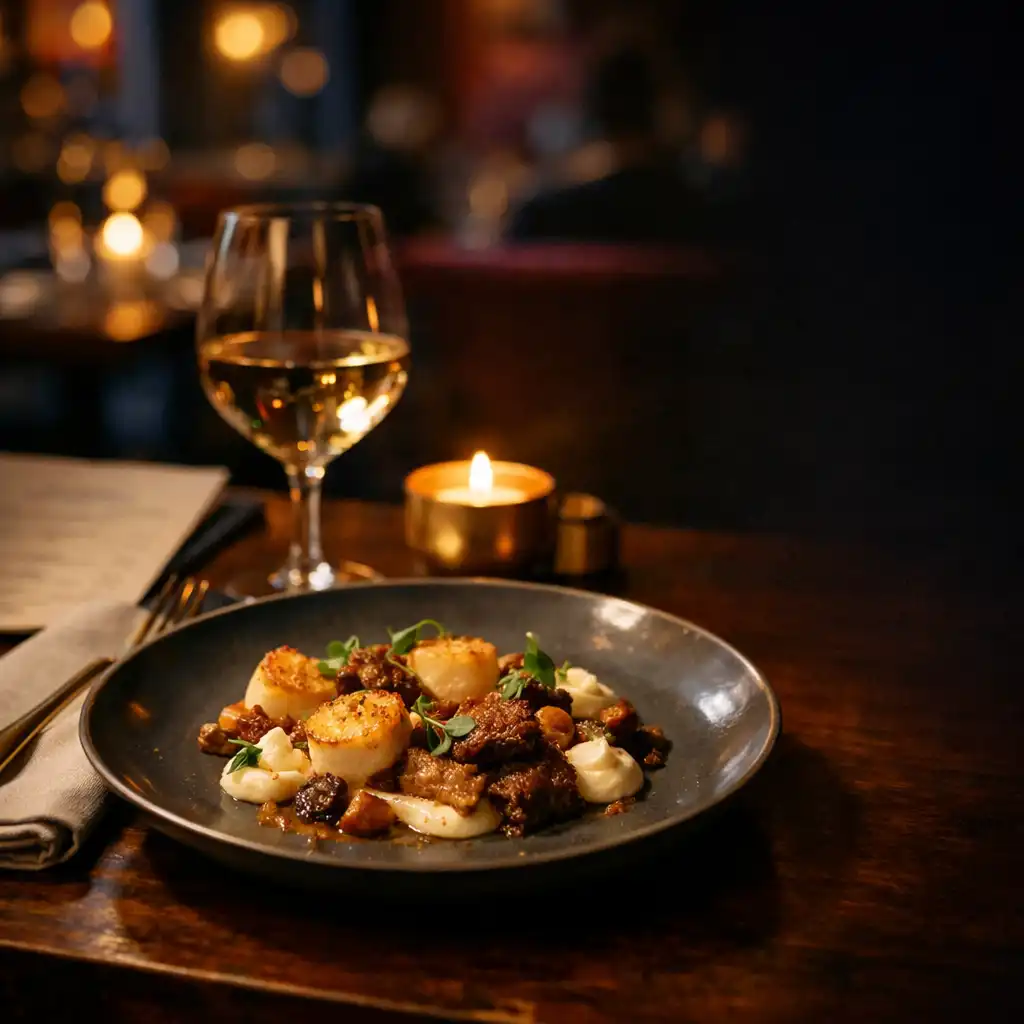 Assiette raffinée sur une table en bois sombre dans un restaurant parisien de nuit
