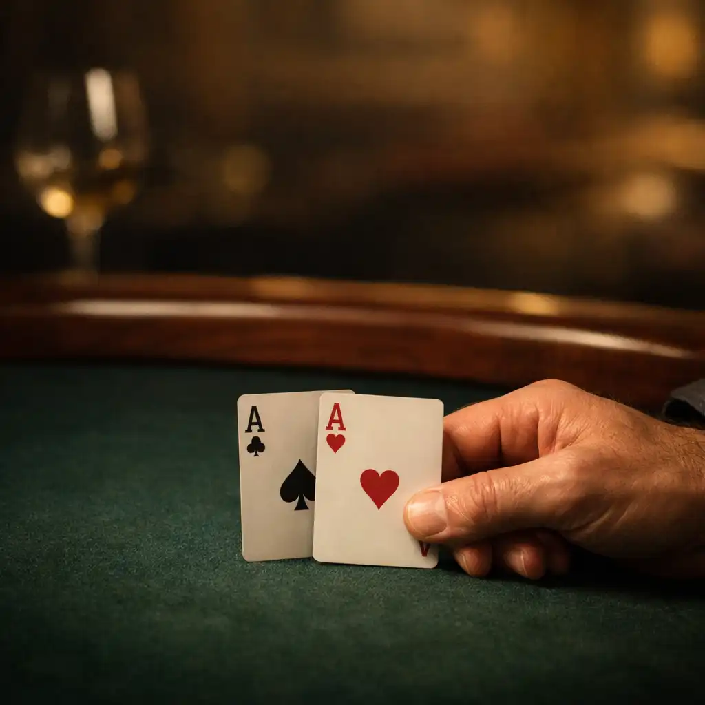Gros plan de mains adultes posant des cartes sur une table en feutre sombre et bois profond