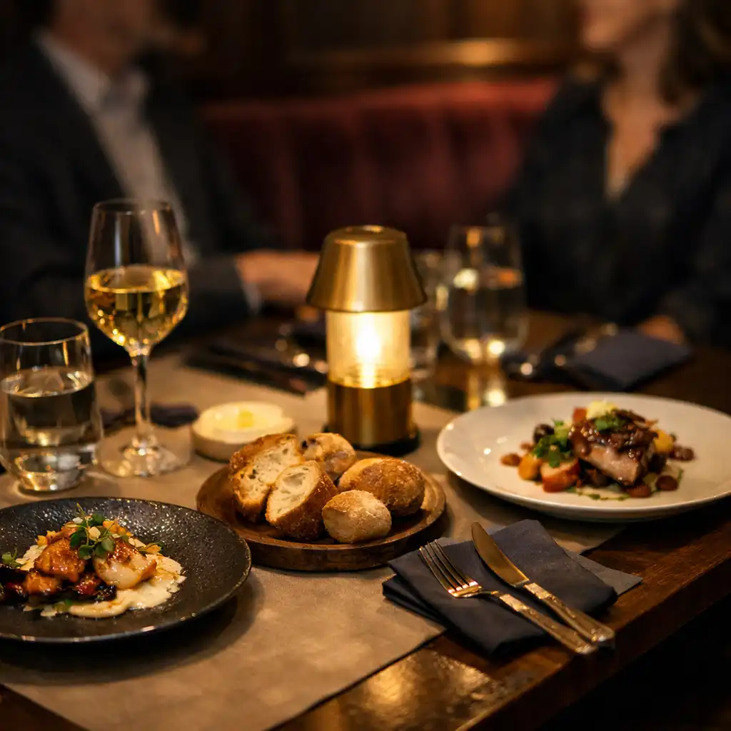 Assiettes et verrerie sur une table de restaurant éclairée le soir.
