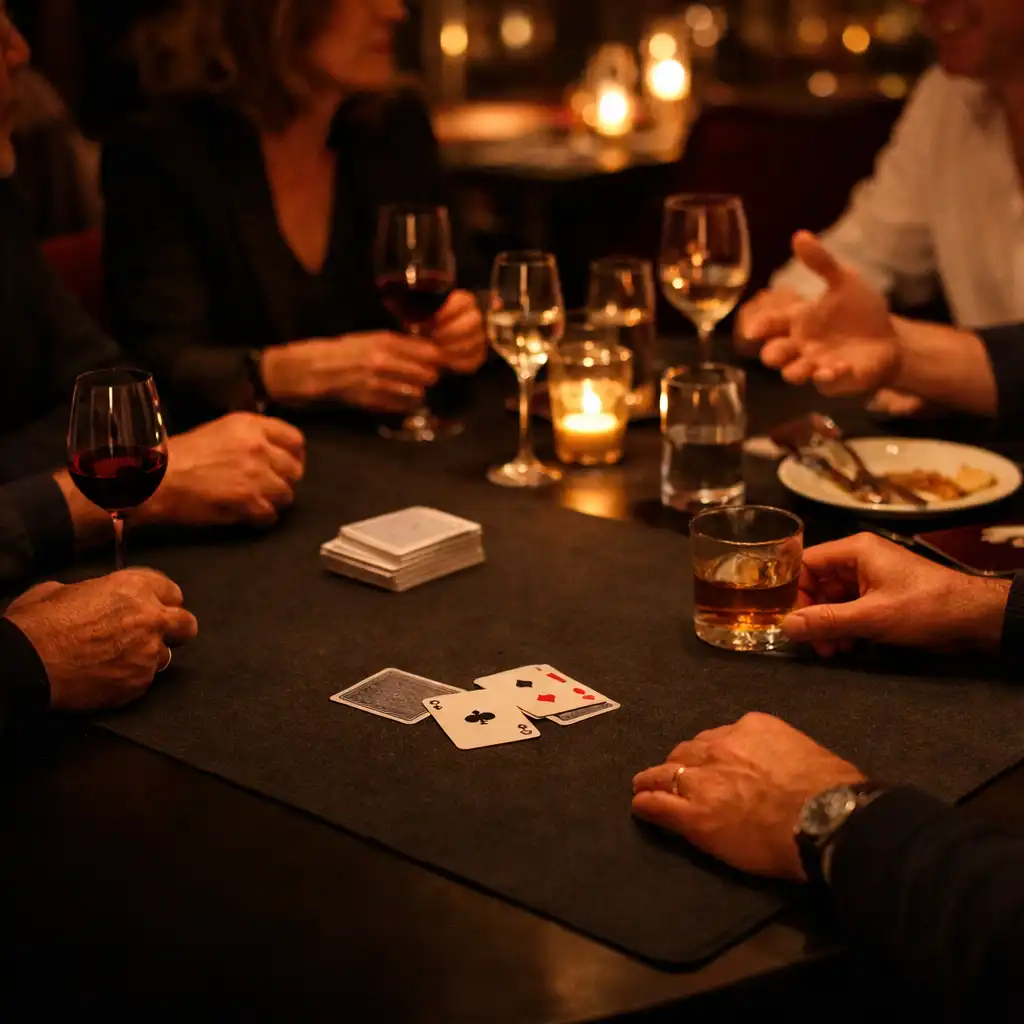 Petit groupe adulte échangeant autour d’une table de restaurant le soir.