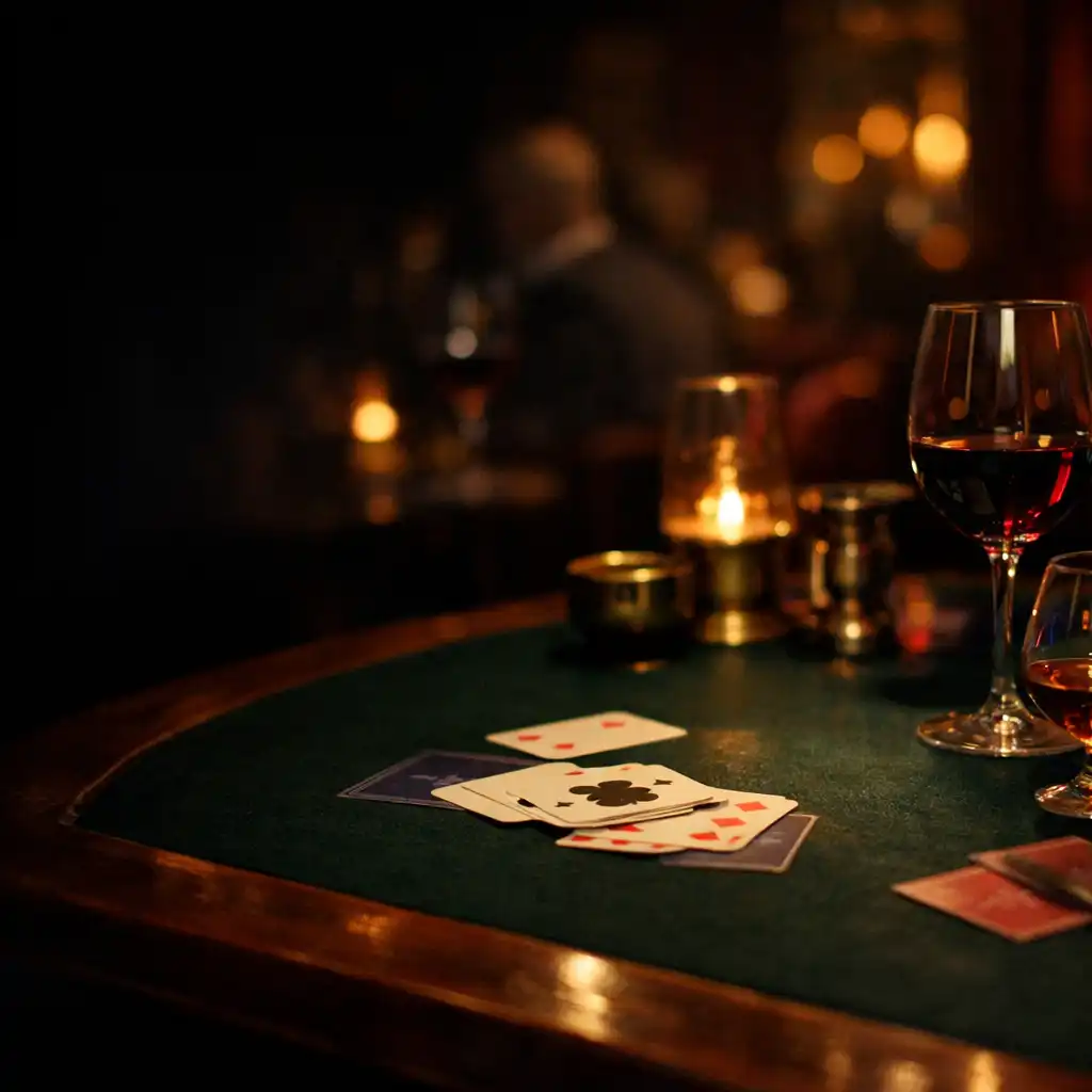 Table de restaurant parisien la nuit, avec bois sombre, verres aux reflets chauds et cartes discrètes.