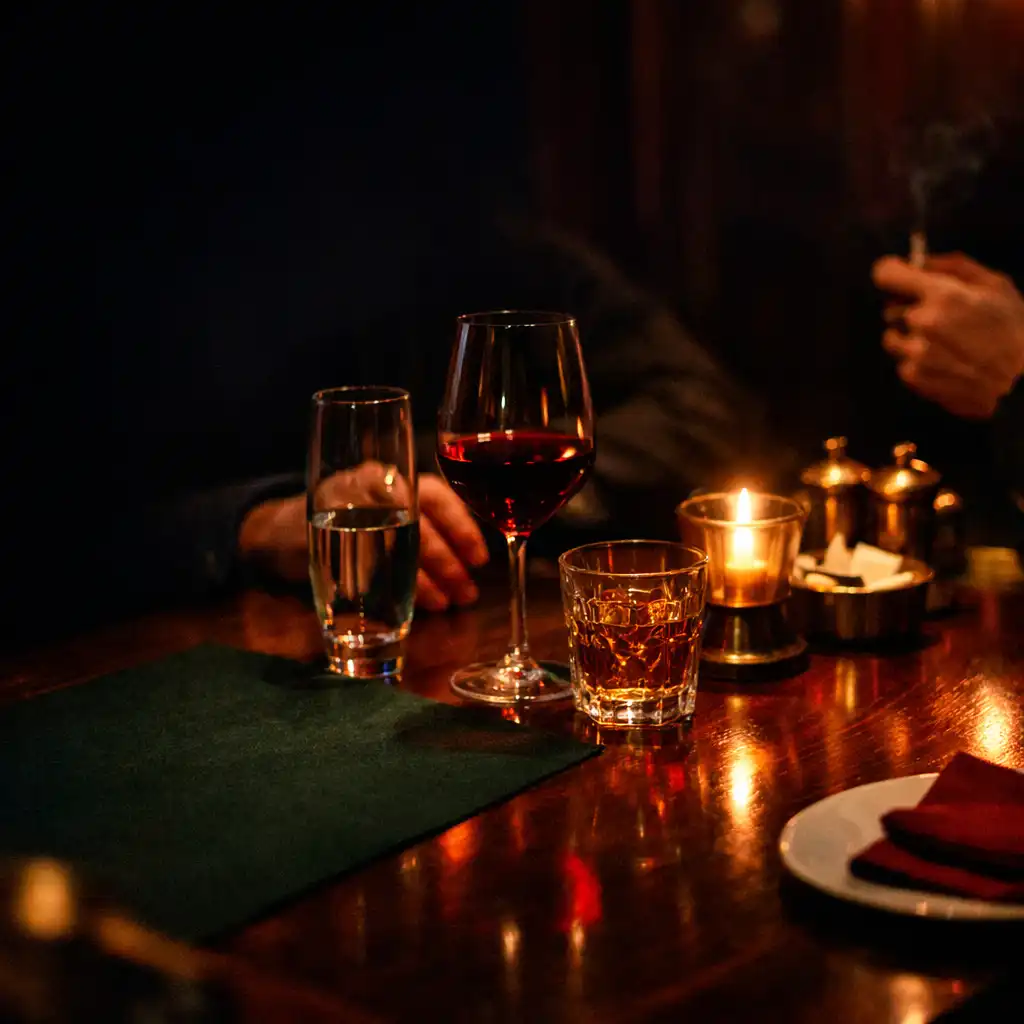 Table de restaurant nocturne avec verres élégants, bois sombre et lumière chaude