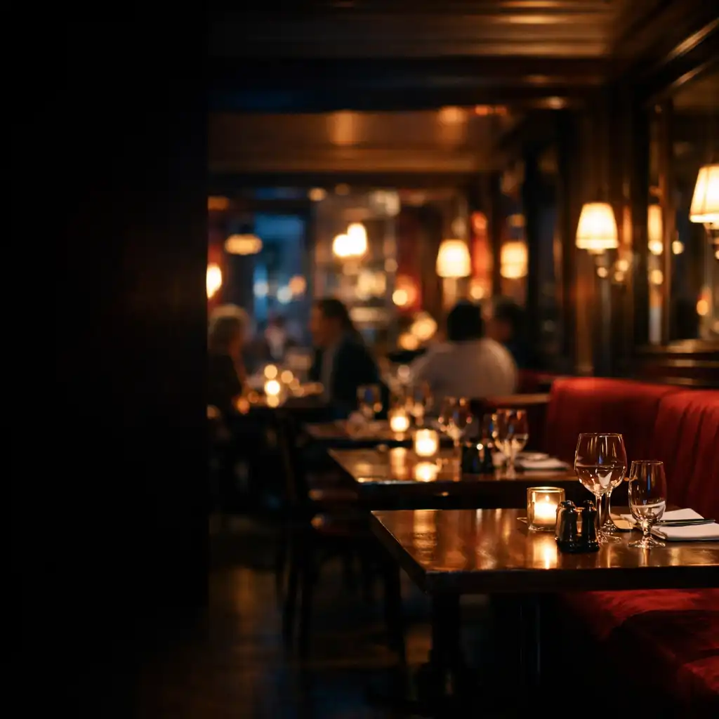 Salle de restaurant élégante le soir, avec tables sombres et lumières chaudes