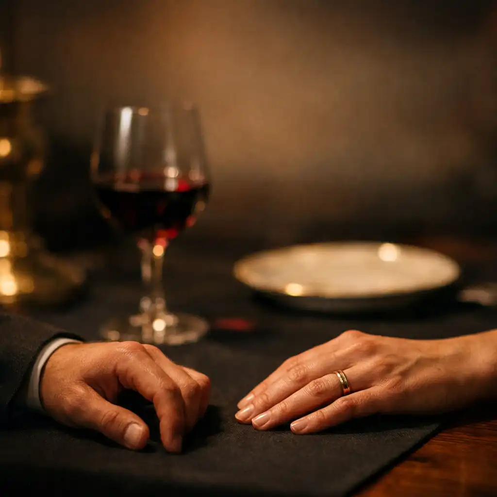 Mains adultes près d’un verre et d’une table élégante dans un restaurant