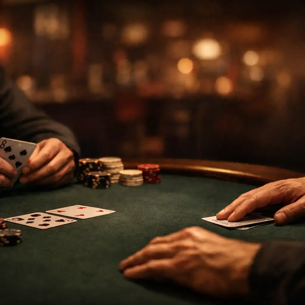 Mains adultes autour de cartes et de jetons sobres sur une table de feutre sombre.