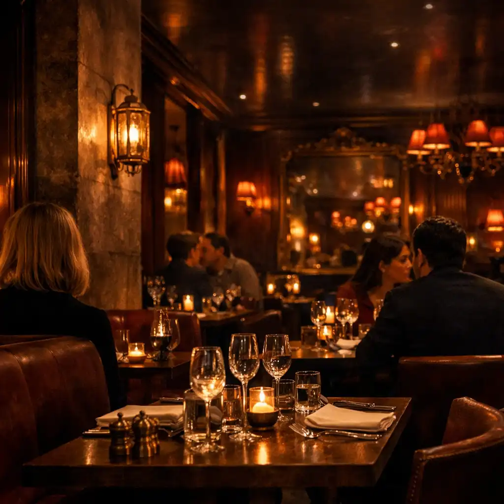 Intérieur de restaurant parisien de nuit, aux tables dressées et à la lumière ambrée.
