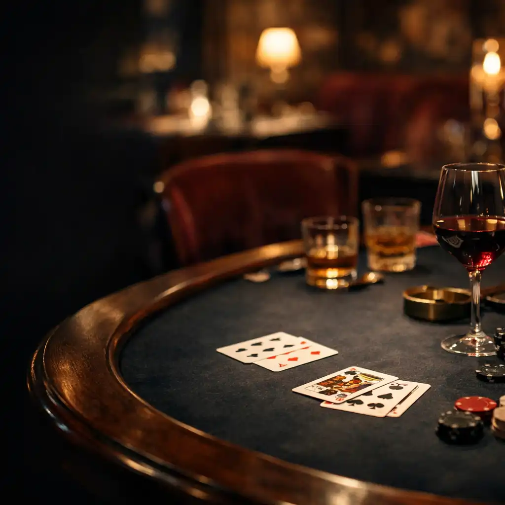 Table de poker élégante dans un restaurant parisien de nuit, avec feutre sombre, bois et reflets de verres chauds.