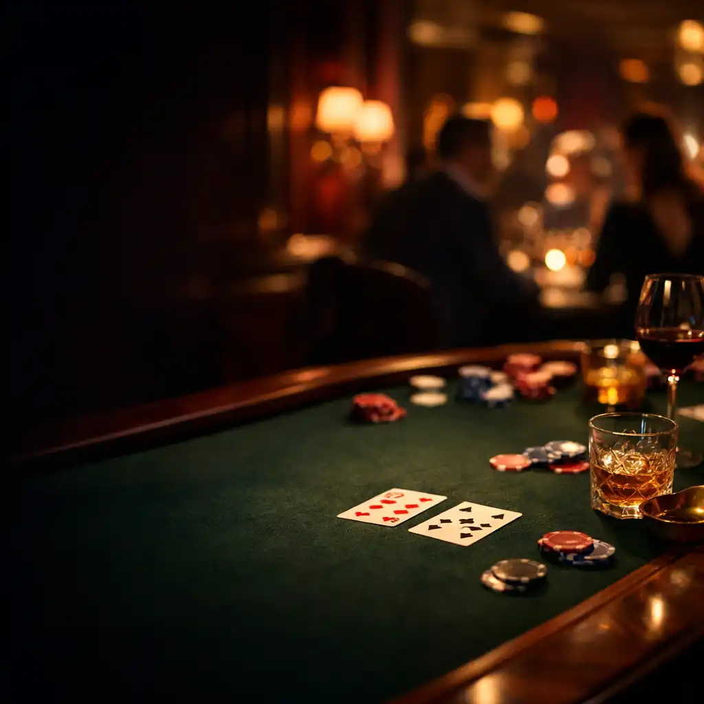 Table de poker en bois et feutre sombre dans un restaurant parisien éclairé le soir.