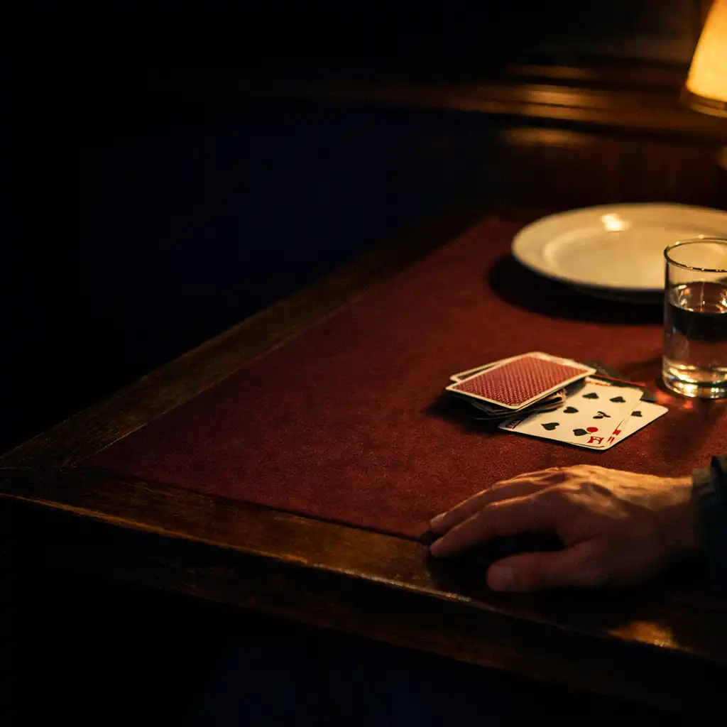 Main adulte posée près d’un verre sur une table de restaurant nocturne, dans une ambiance calme