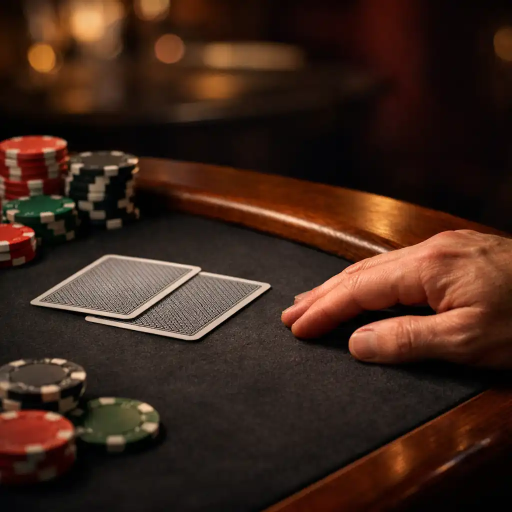 Cartes et jetons sans valeur visible sur une table de poker en feutre sombre.
