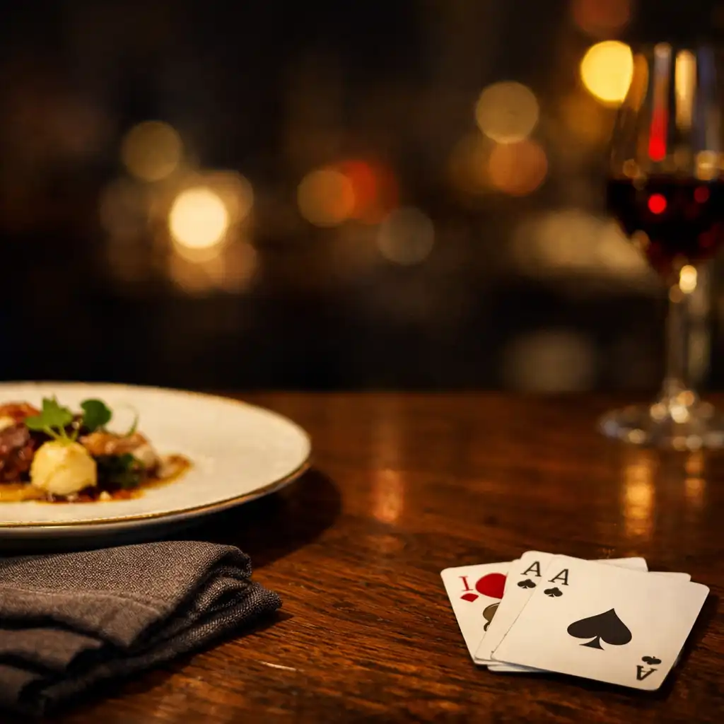 Détail d’une table raffinée avec assiette, linge sombre, bois profond et cartes discrètes