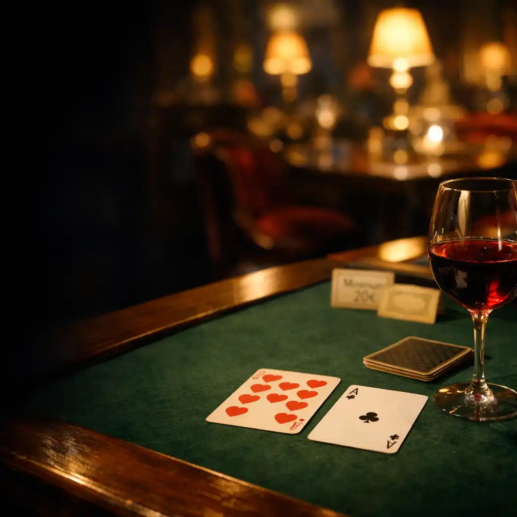 Table de restaurant nocturne en bois sombre, cartes discrètes et verre aux reflets chauds