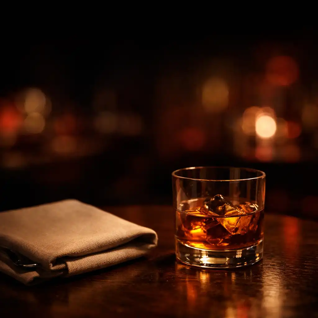 Gros plan d’un verre et d’une table en bois sombre dans une lumière bordeaux chaude