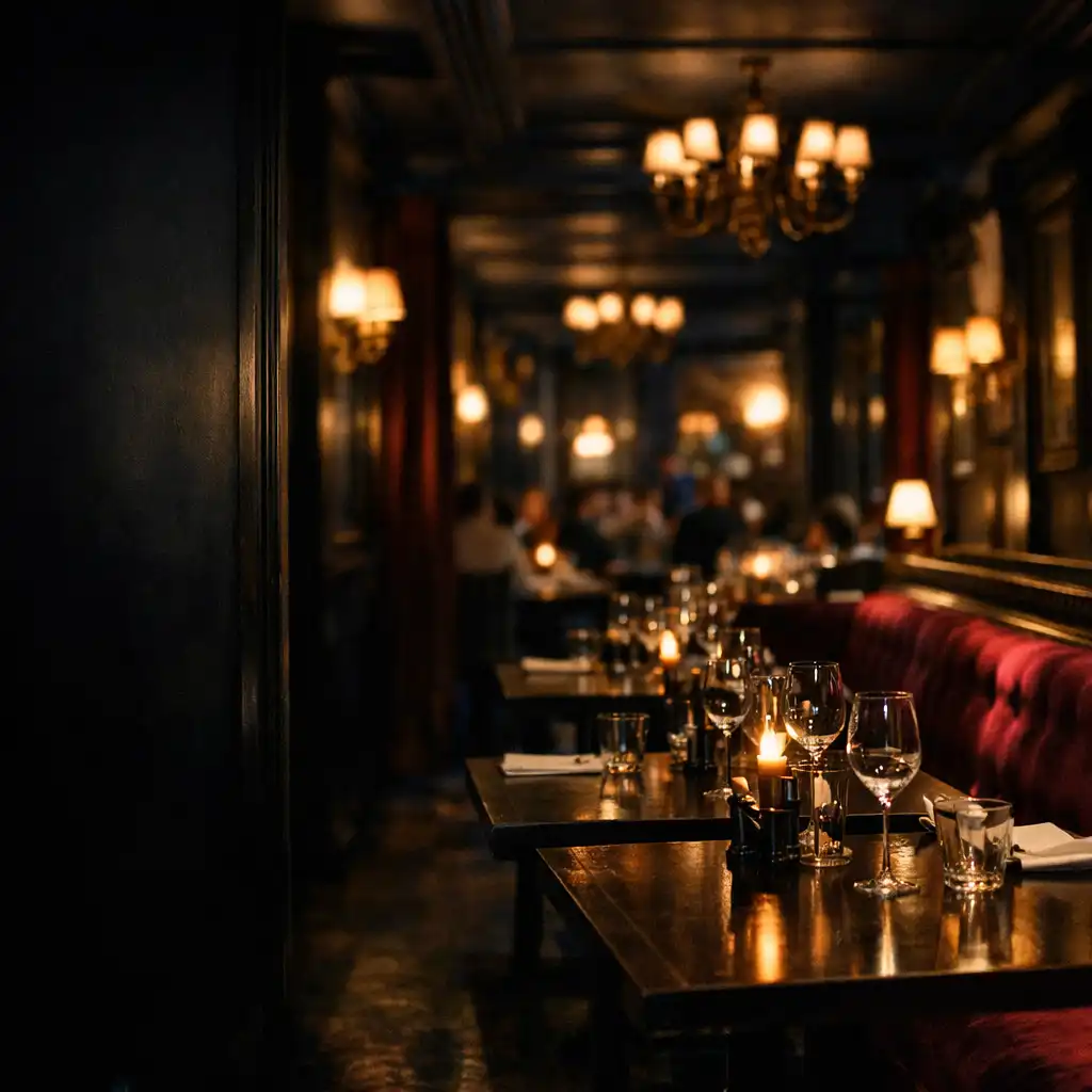 Salle de restaurant parisien nocturne avec tables en bois sombre et lumière chaude