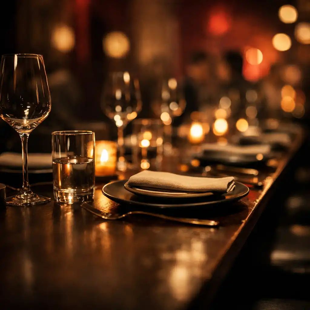 Table dressée dans une salle de restaurant sombre avec verres et lumière ambrée