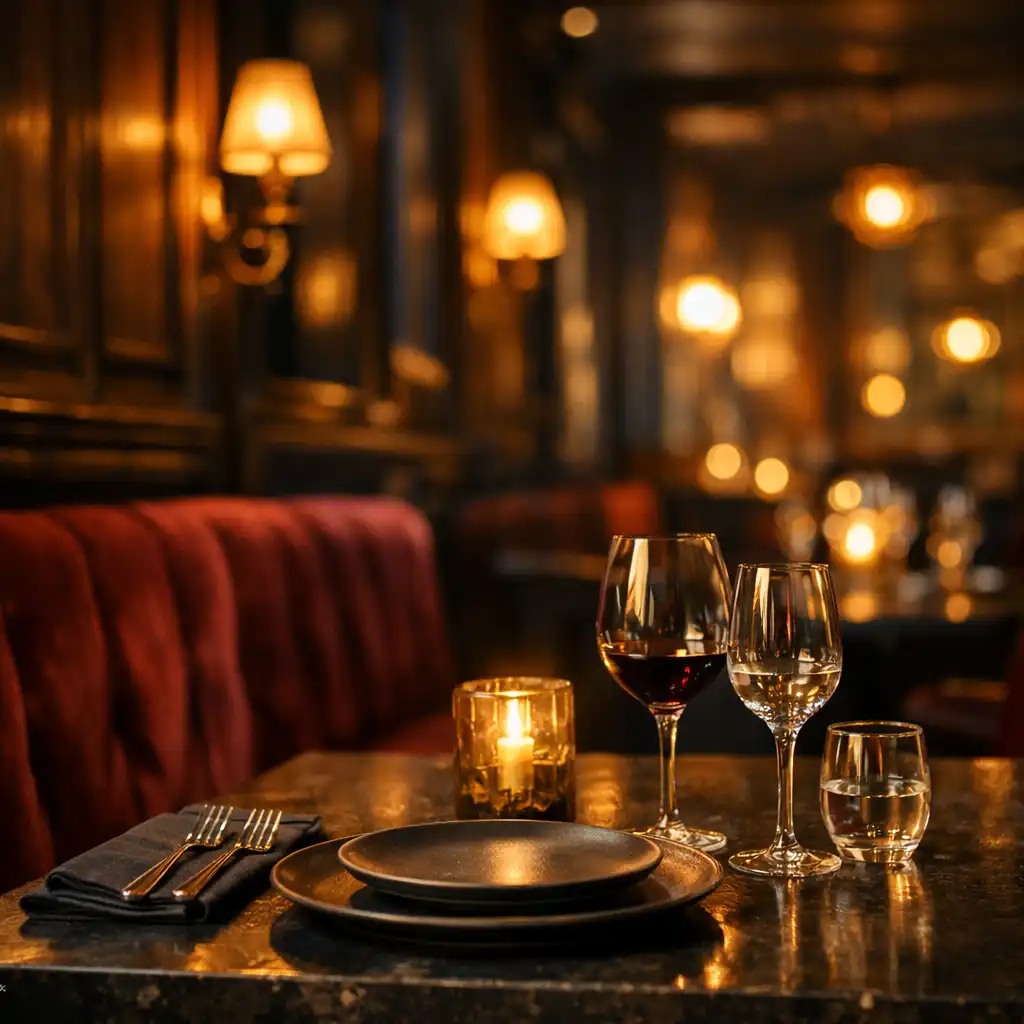 Banquette de velours bordeaux et table dressée dans un restaurant chaleureux le soir.