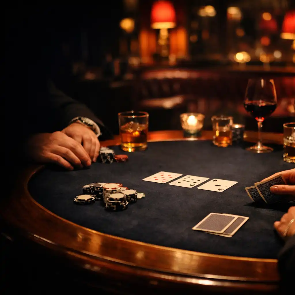 Mains adultes autour d’une table de poker sombre dans un restaurant parisien de nuit